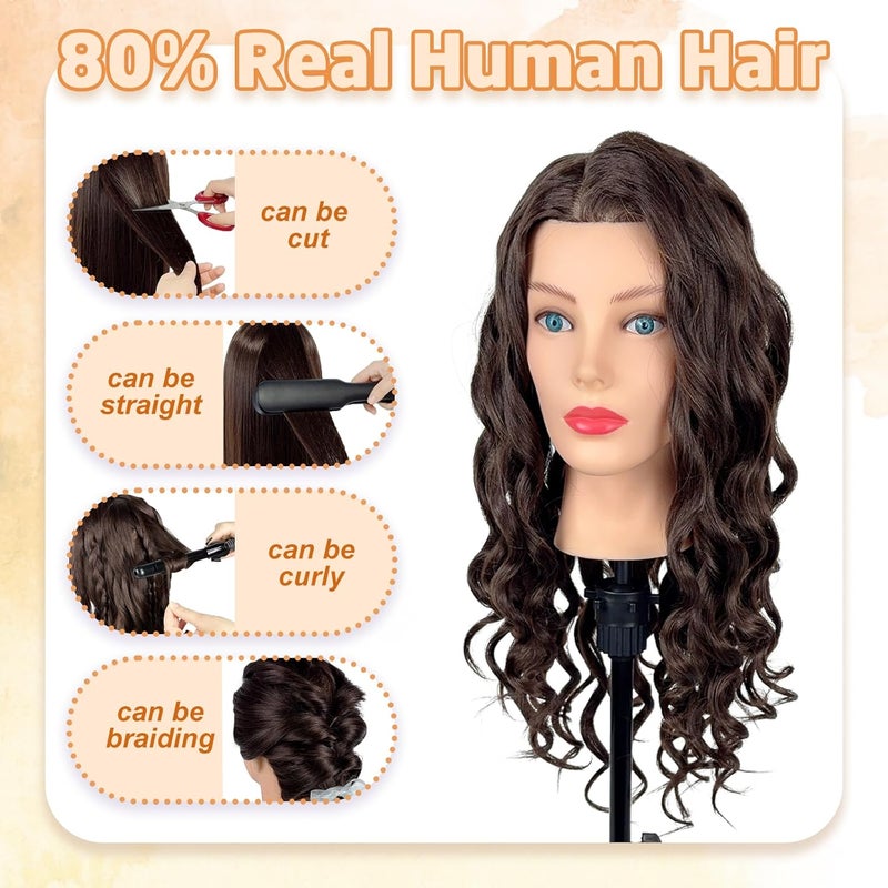 Firstwon Mannequin Head Human Hair- Cosmetology Manikin Doll Head with 80% Real Hair for Hairdresser Practice Styling Braiding & Free Clamp Holder (Color #4) - Image 2